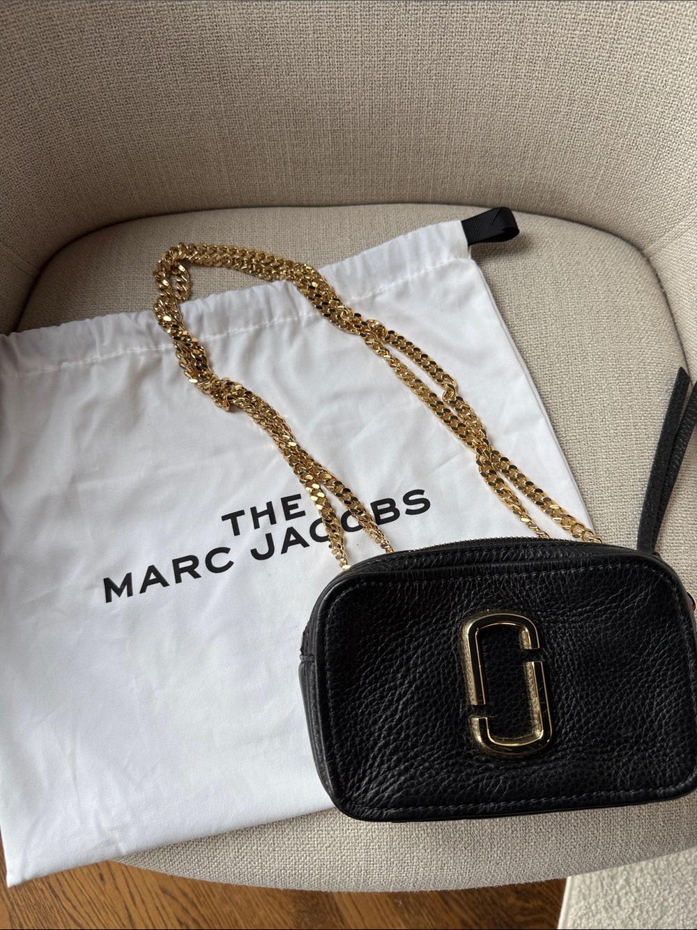 Marc Jacobs Black Leather Camera Bag with Gold Chain Strap